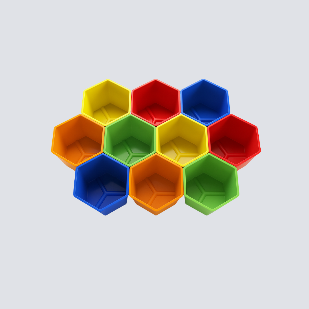 Estante Colmeia com 10 Baús Hexagonais Coloridos – Organização Lúdica de Brinquedos